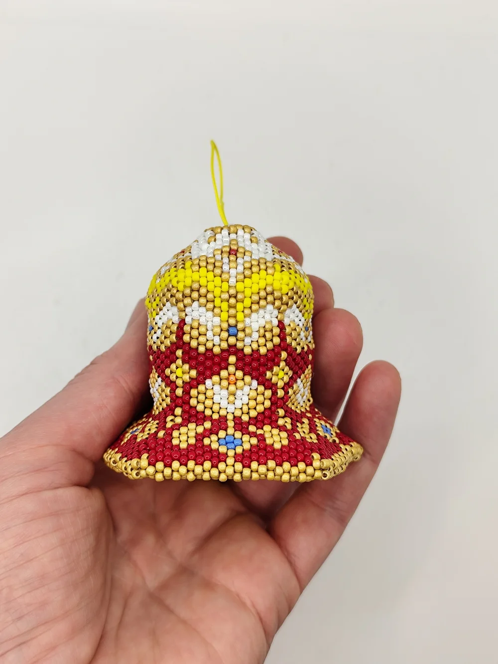 Handmade Beaded Bell Ornament in Red, Yellow & White